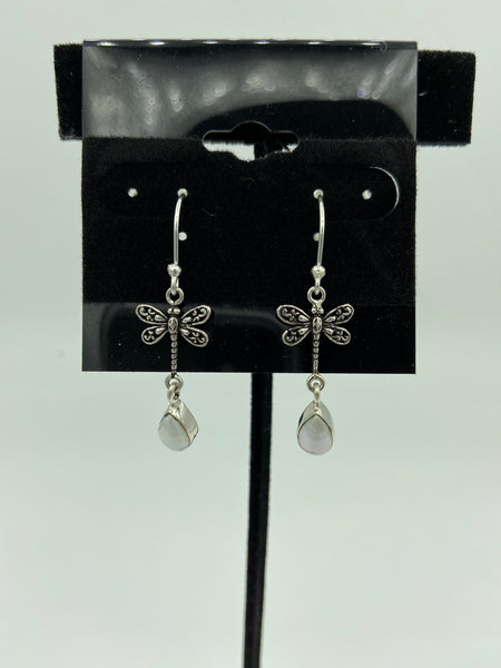 Natural Teardrop Pearl Gemstone Dragonfly Sterling Silver Dangle Earrings