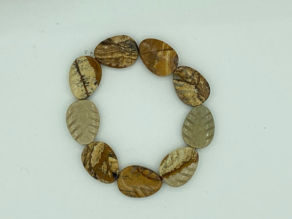 Natural Picture Jasper Gemstone Carved Leaves Beaded Stretch Bracelet