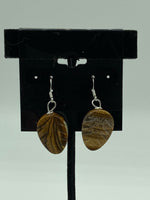 Natural Picture Jasper Gemstone Carved Leaf Sterling Silver Dangle Earrings