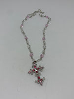 Silver Cross Pendant with Pink and Clear Czs Beaded Adjustable Necklace