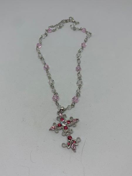 Silver Cross Pendant with Pink and Clear Czs Beaded Adjustable Necklace