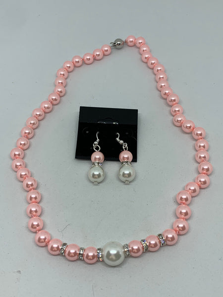 Natural Pink and White Pearl Gemstone Beaded Necklace and Dangle Earrings Set