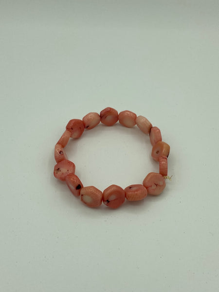 Natural Pink Coral Gemstone Hexagon Beaded Stretch Bracelet