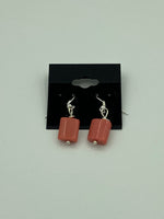 Natural Pink Coral Gemstone Rectangle Sterling Silver Dangle Earrings