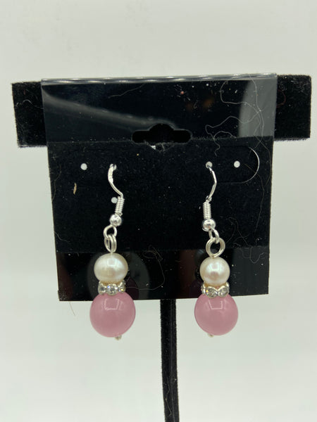 Natural Pink Opal and Pearl Gemstone Sterling Silver Beaded Dangle Earrings