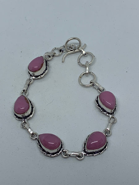 Natural Pink Opal Gemstone Teardrops Sterling Silver Adjustable Link Bracelet