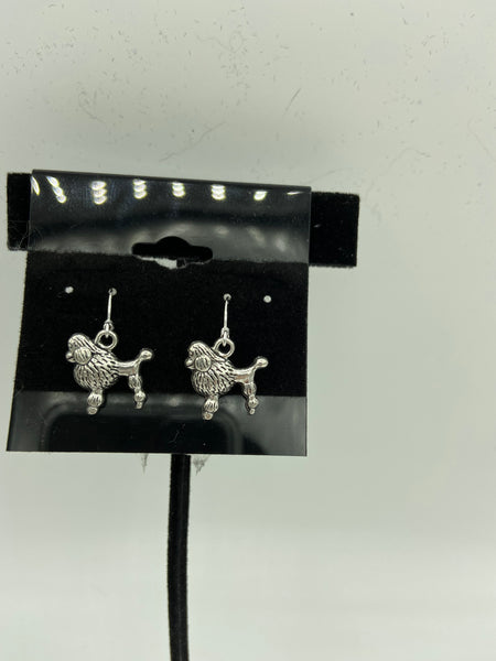 silvertone poodle charm dangle earrings with sterling silver hooks