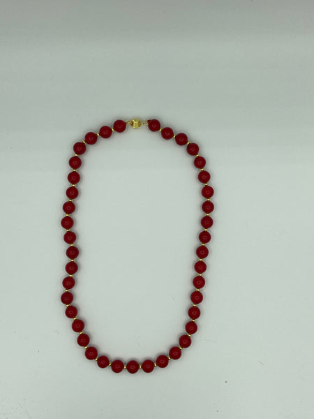 Natural Red Coral Gemstone and Gold Tone Round Beaded Necklace