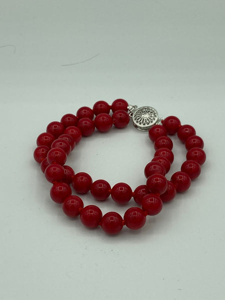Natural Red Coral Gemstone Round Beaded 2 Strand Bracelet