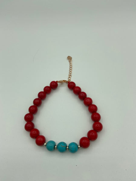 Natural Red Coral and Turquoise Gemstone Round Beaded Adjustable Bracelet