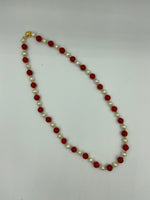 Natural Red Coral and Pearl Gemstone Round Beaded Necklace