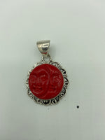 Natural Red Coral Gemstone Round Carved Moon Faces Sterling Silver Pendant