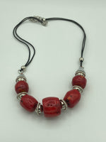 Natural Red Coral Gemstone and Leather Chunky Beaded Adjustable Necklace