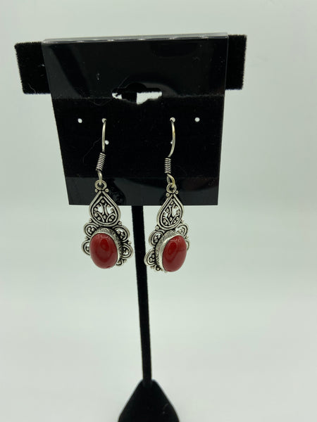 Natural Red Coral Gemstone Oval Sterling Silver Dangle Earrings