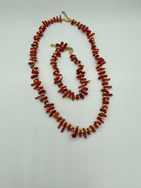 Natural Red Coral Gemstone Fingers Beaded Adjustable Necklace and Bracelet Set