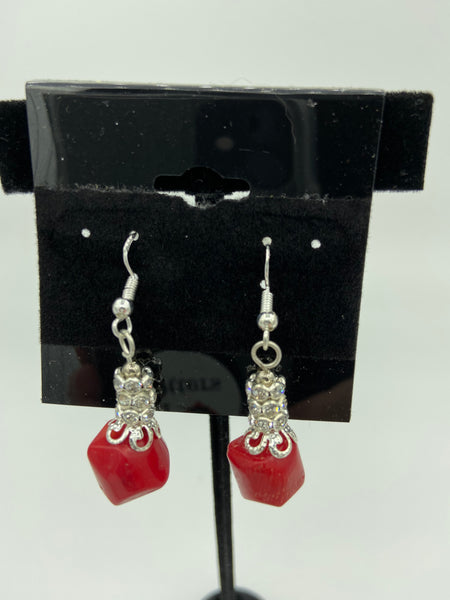 Natural Red Coral Gemstone Tumbled Freeform Sterling Silver Dangle Earrings