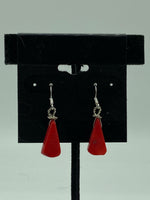 Natural Red Coral Gemstone Freeform Teardrop Sterling Silver Dangle Earrings