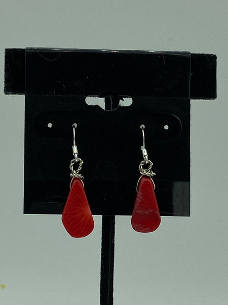 Natural Red Coral Gemstone Freeform Teardrop Sterling Silver Dangle Earrings