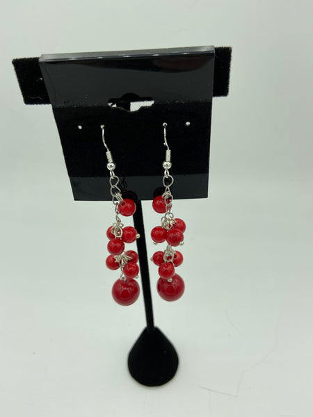 Natural Red Coral Gemstone Cluster Beaded Sterling Silver Dangle Earrings