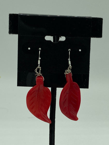 Natural Red Coral Gemstone Carved Leaf Sterling Silver Dangle Earrings