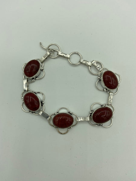 Natural Red Coral Gemstone Ovals Sterling Silver Adjustable Bracelet