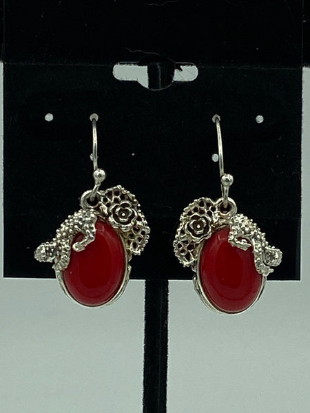 Natural Red Coral Gemstone Oval Sterling Silver Lizard Dangle Earrings