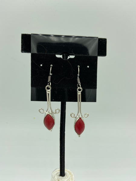 Natural Red Coral Gemstone Pointed Oval Sterling Silver Dangle Earrings