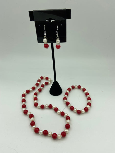 Natural Red Coral and pearl Beaded Necklace, Bracelet and Earrings Set