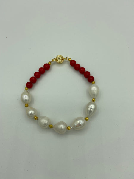 Natural White Pearl and Red Coral Gemstone Beaded Bracelet