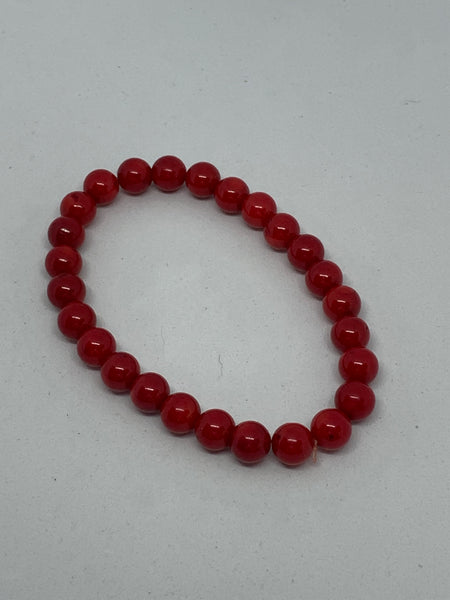 Natural Red Coral Gemstone Round Beaded Stretch Bracelet