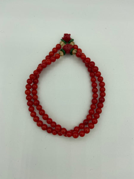Natural Red Coral Gemstone Round and Rose Beaded Stretch Wrap Bracelet