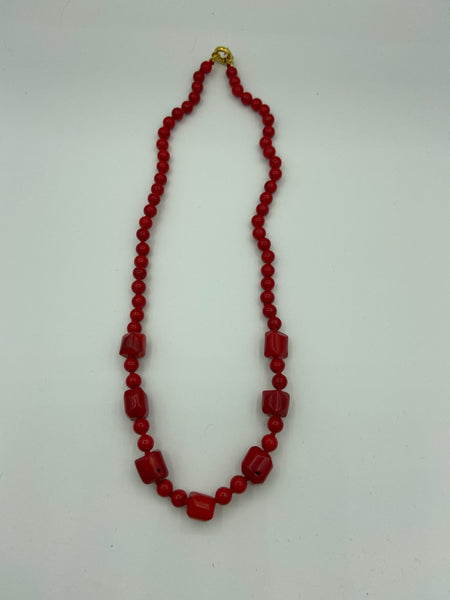 Natural Red Coral Gemstone Round and Tumbled Beaded Necklace