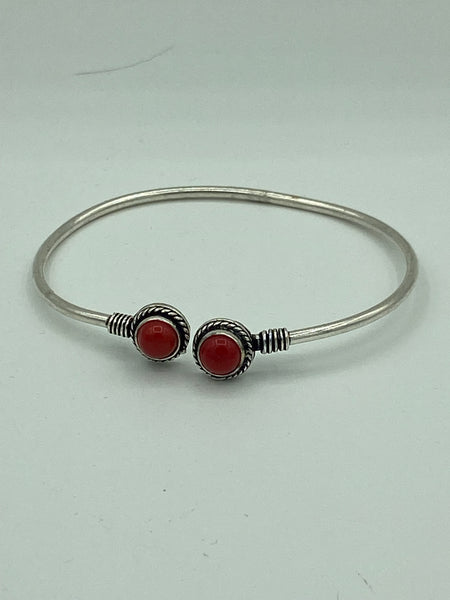 Natural Red Coral Gemstone Round Cabochon Sterling Silver Bangle Bracelet