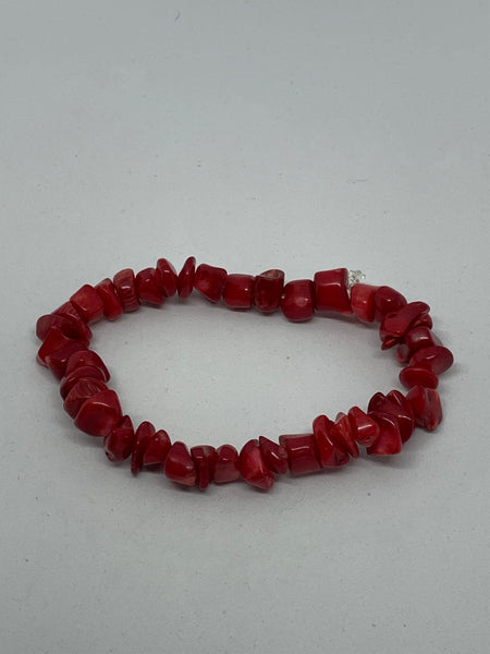 Natural Red Coral Gemstone Tumbled Chips Beaded Stretch Bracelet