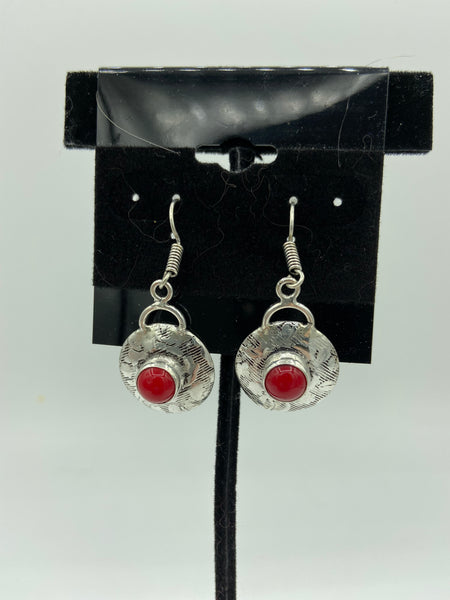 Natural Red Coral Gemstone Round Sterling Silver Dangle Earrings