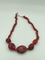 Natural Red Coral Gemstone Branch and Chunky Oval Beaded Adjustable Necklace