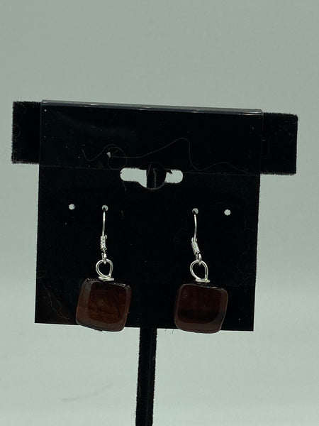 Natural Red Tiger Eye Gemstone Squares Beaded Sterling Silver Dangle Earrings