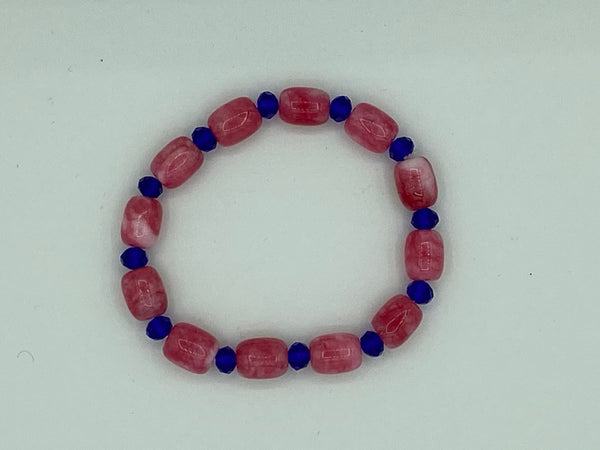 Natural Rodochrosite Gemstone Barrel and Purple Glass Beaded Stretch Bracelet