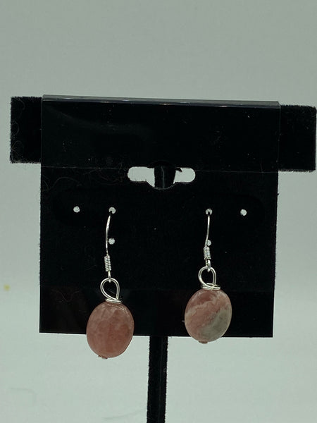 Natural Rodochrosite Gemstone Ovals Beaded Sterling Silver Dangle Earrings