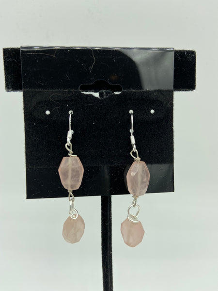 Natural Rose Quartz Gemstone Faceted Oval Beaded Sterling Silver Dangle Earrings