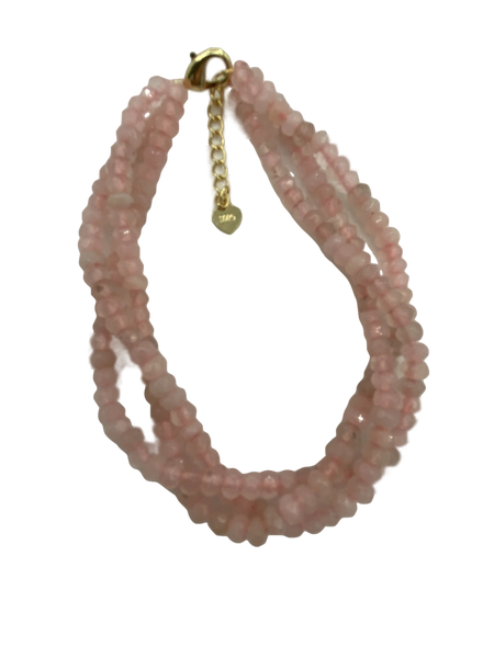 Natural Rose Quartz Gemstone Rondelle 3 Strand Twisted Beaded Bracelet