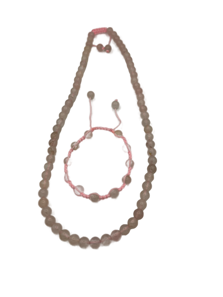 Natural Rose Quartz Gemstone Round Beaded Adjustable Necklace and Bracelet Set