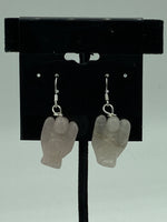 Natural Rose Quartz Gemstone 3D Carved Angel Sterling Silver Dangle Earrings