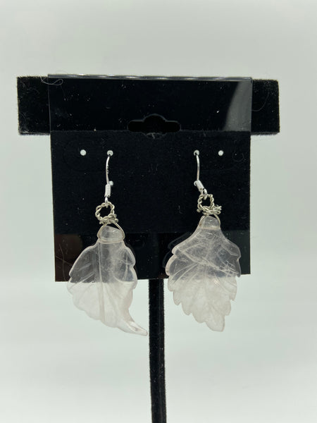 Natural Rose Quartz Gemstone Carved Leaf Sterling Silver Dangle Earrings