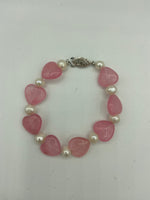 Natural Rose Quartz Heart and Pearl Gemstone Beaded Bracelet