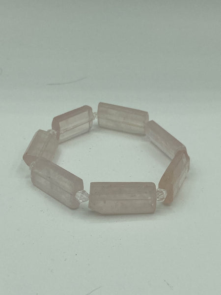 Natural Rose Quartz Gemstone Rectangle and Clear Glass Beaded Stretch Bracelet