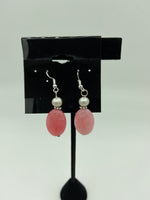 Natural Rose Quartz Gemstone Oval and Pearl Sterling Silver Dangle Earrings