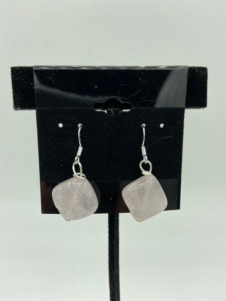 Natural Rose Quartz Gemstone Puffed Diamond Sterling Silver Dangle Earrings