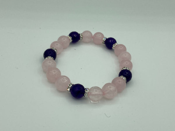 Natural Rose Quartz and Amethyst Gemstone Round Beaded Stretch Bracelet