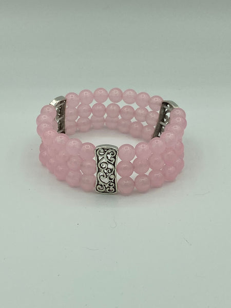 Natural Rose Quartz Gemstone Round and Silver 3 Strand Beaded Stretch Bracelet